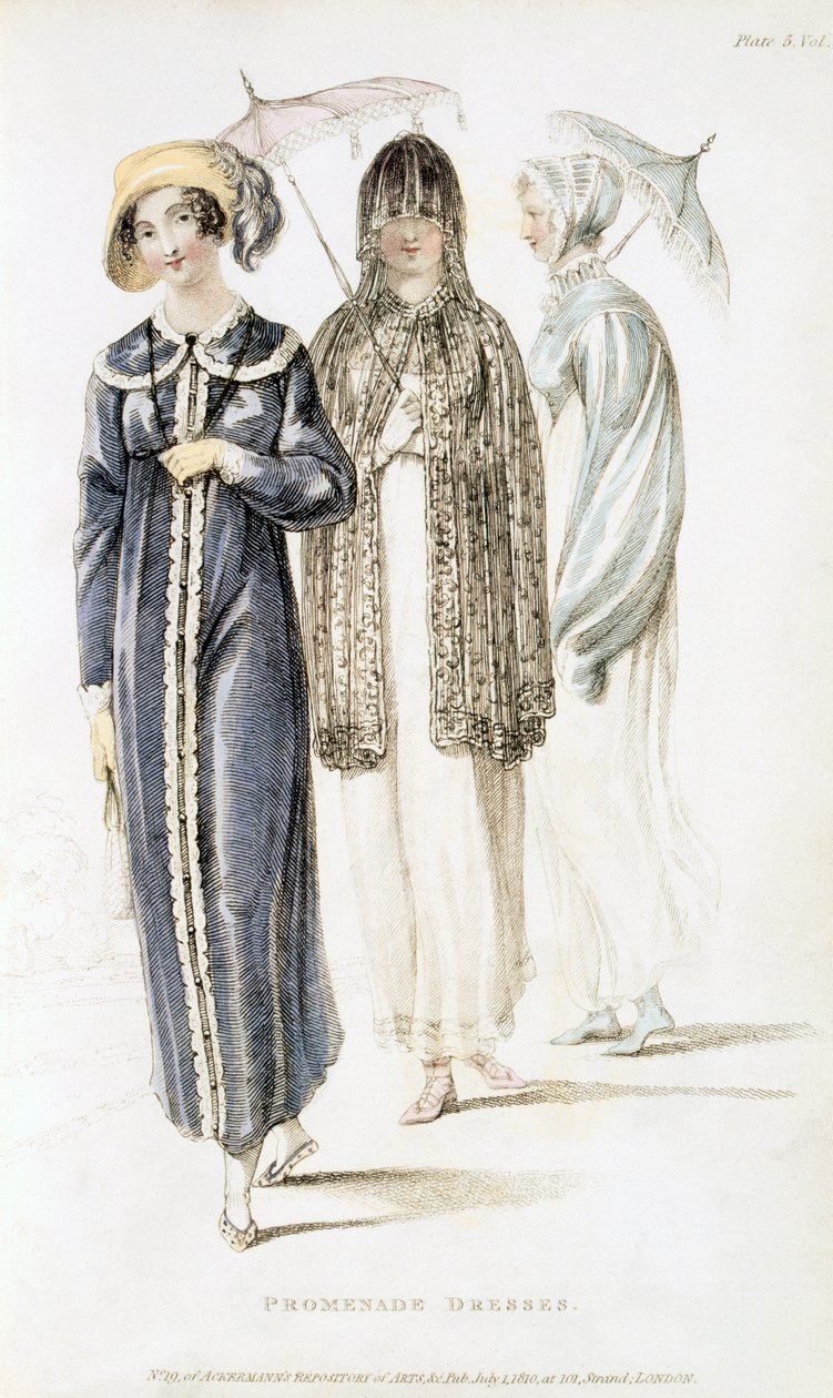 Vestidos de passeio, gravura de moda de Ackermanns Repository of Arts de English School