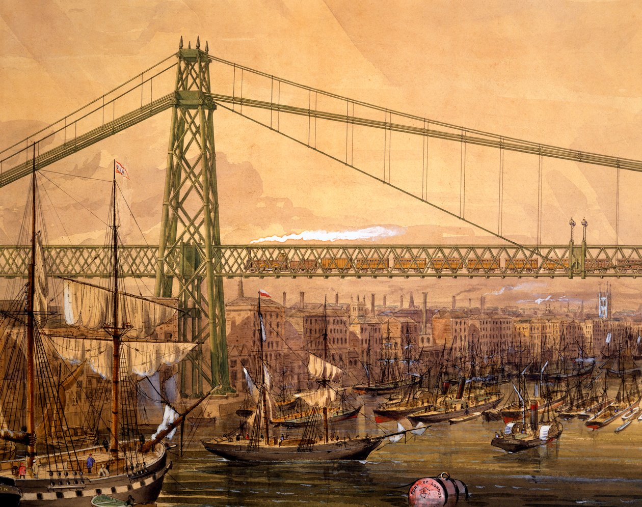 Proposta de ponte ferroviária sobre o rio Tâmisa, perto da torre (aquatinta colorida à mão) de English School
