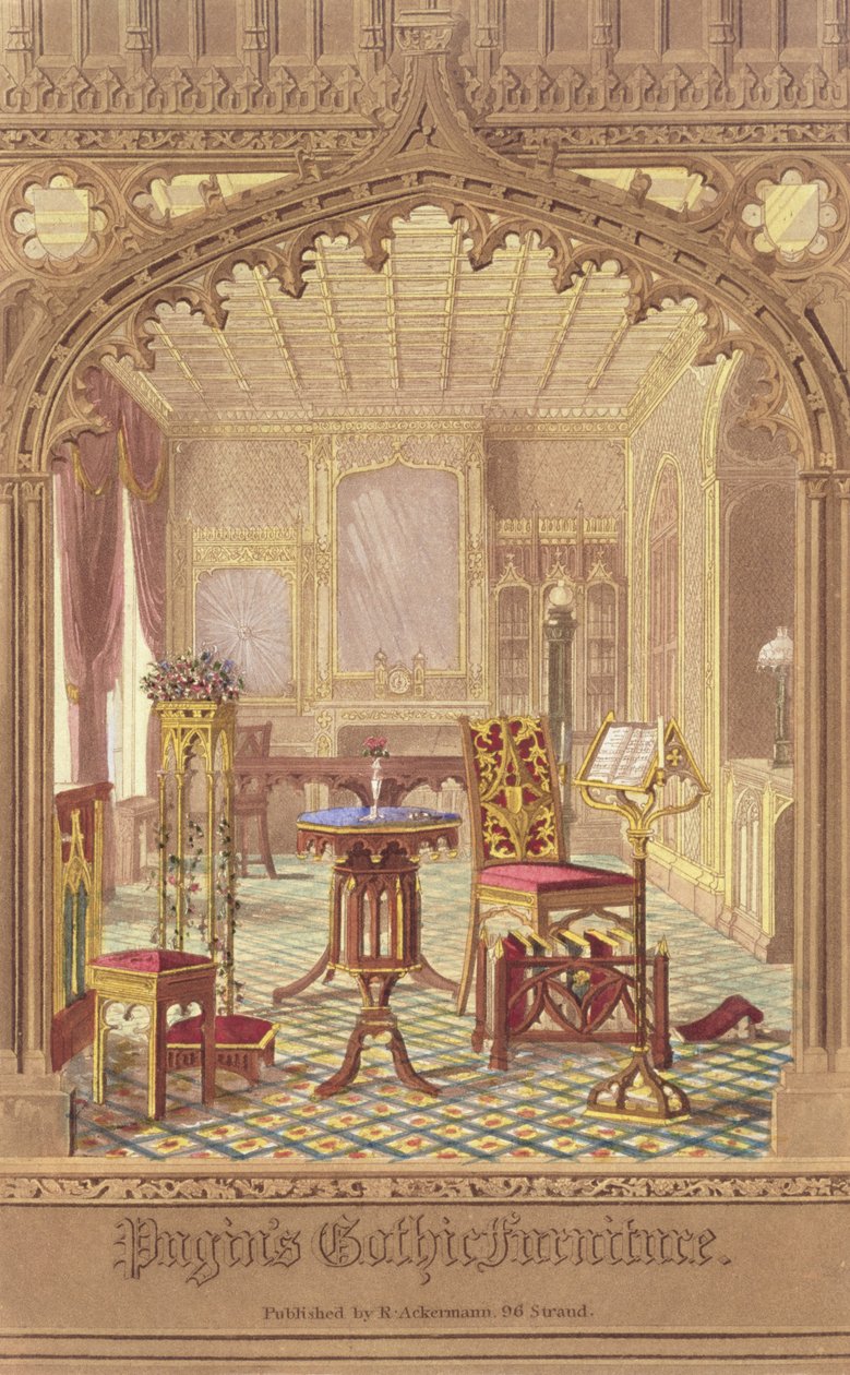 Mobiliário gótico de Pugins, de Augustus Charles Pugin (1762-1832), publicado por R. Ackermann, 1827 de English School