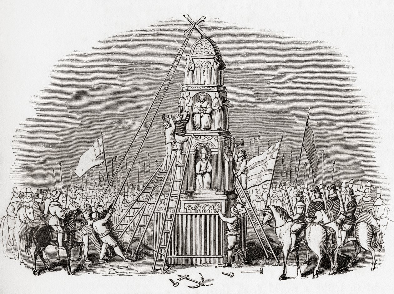 Puritanos destruindo a Cruz de Cheapside, também conhecida como Cruz de Eleanor, em Londres, Inglaterra, em 1643, de Old England: A Pictorial Museum, pub. 1847 de English School