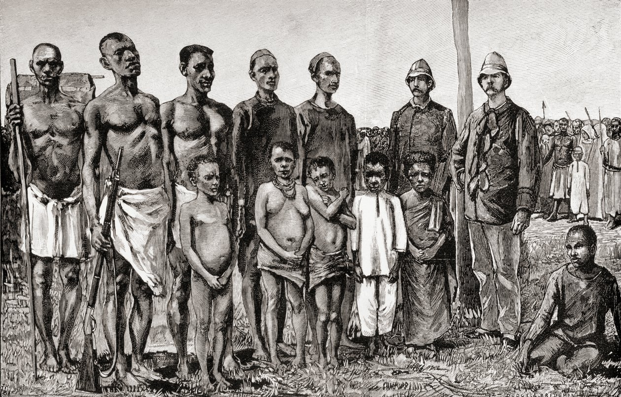 Nativos pigmeus comparados com oficiais ingleses, sudaneses e zanzibaris, 1890 (gravura em madeira) de English School