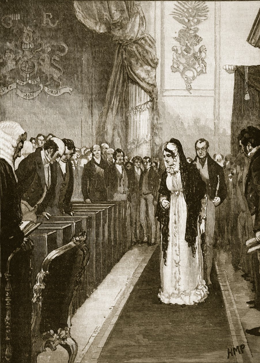 Rainha Caroline, entrando na Câmara dos Lordes, ilustração da história ilustrada de Cassells da Inglaterra (foto sépia) de English School