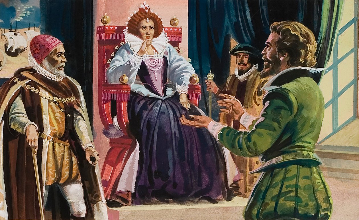Rainha Isabel I (1533-1603) e Sir Francis Drake (1540-96) (guache sobre papel) de English School