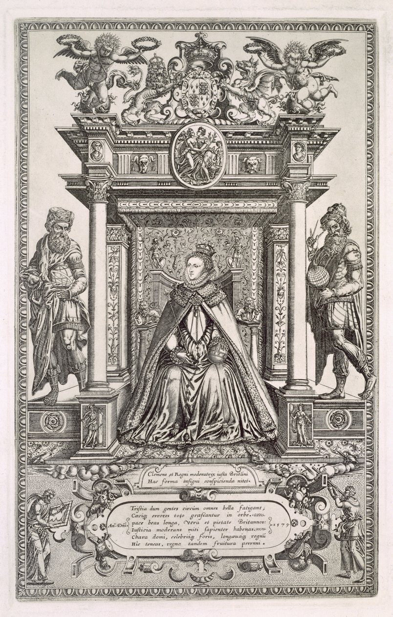 Rainha Elizabeth I (1533-1603) como Patrono da Geografia e Astronomia, Frontispício de um livro de Mapas Saxões da Inglaterra, 1579 de English School