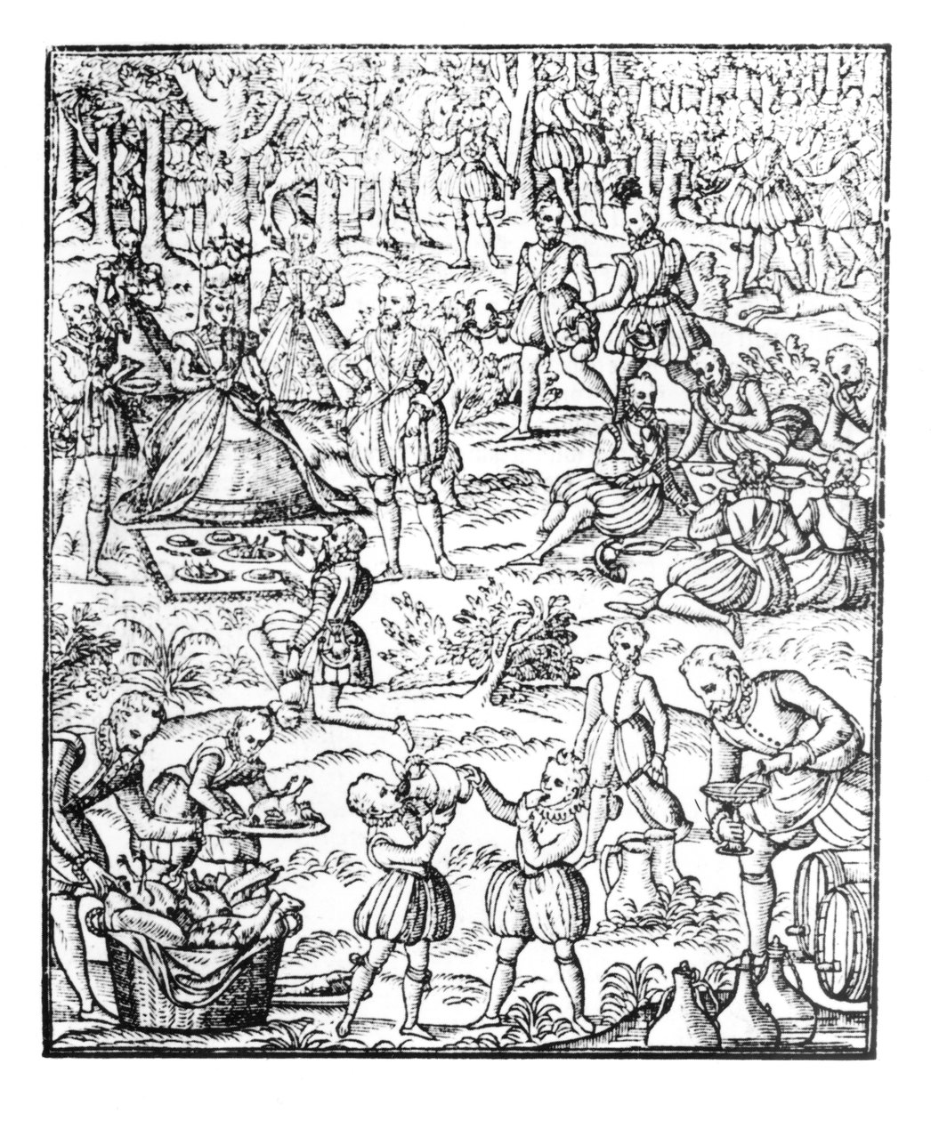 Rainha Elizabeth I (1533-1603) em um piquenique de caça, prato de &39;Noble Art de Venerie and Hunting&39; por George Turberville, 1575 de English School