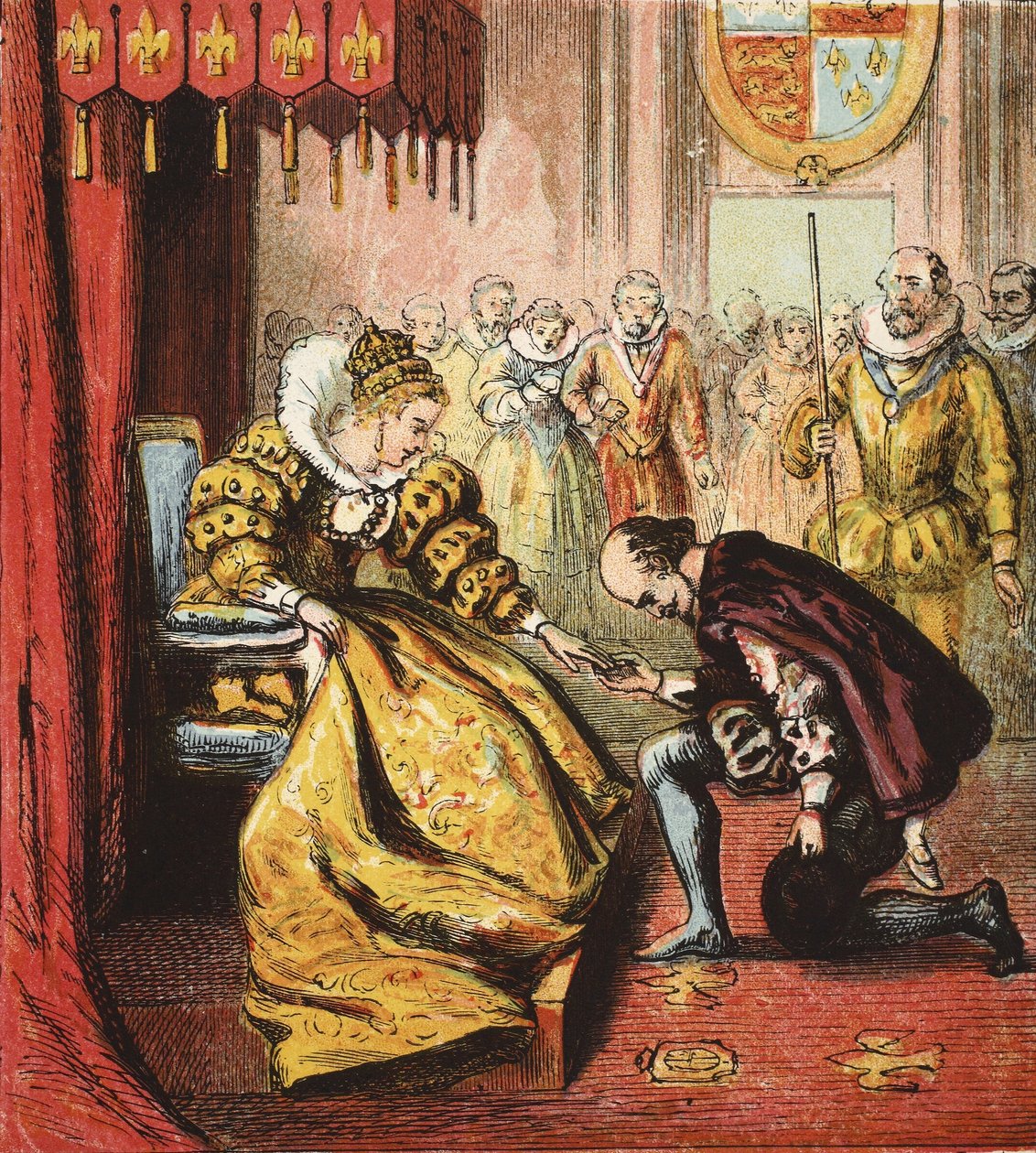 Rainha Elizabeth I e Shakespeare, pub. 1890 (gravura a cores) de English School