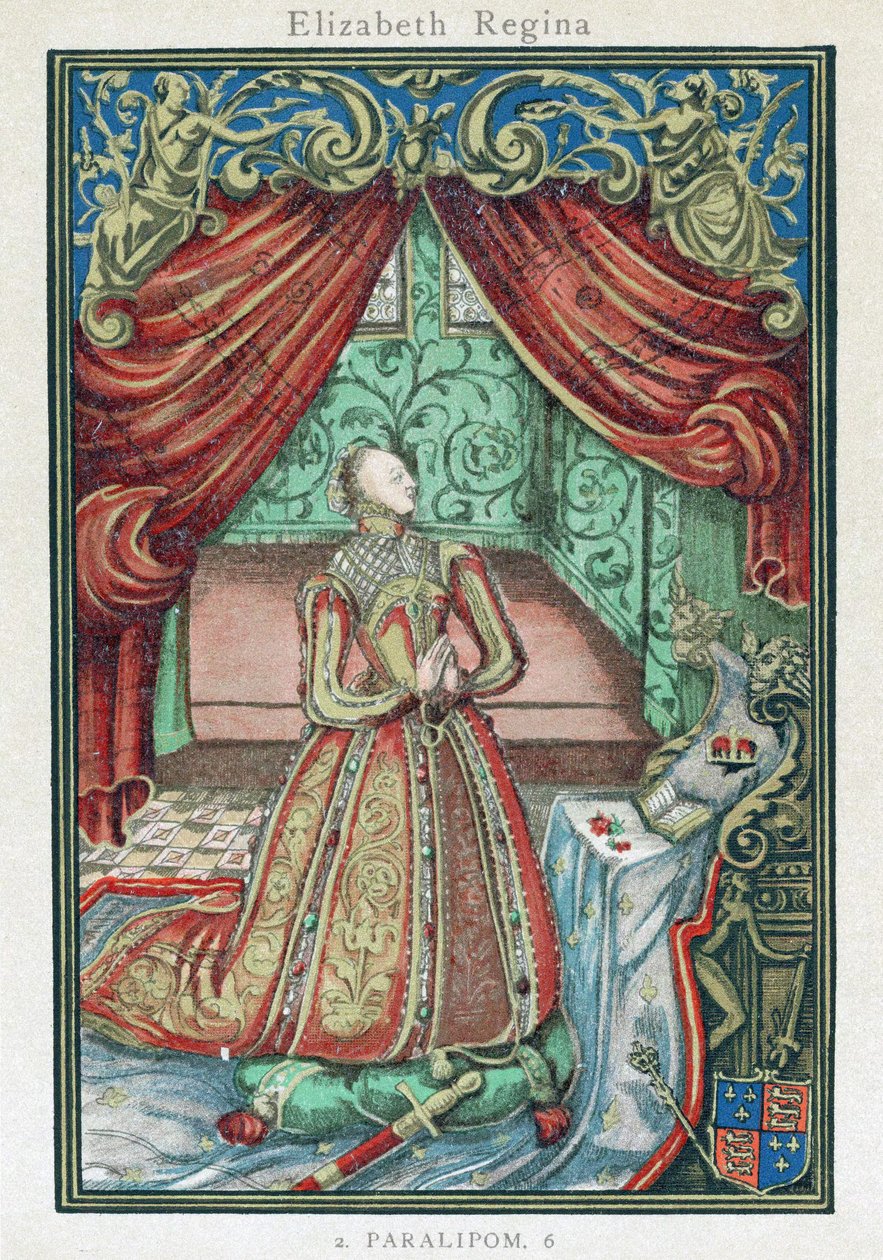 Rainha Isabel I em oração, frontispício de "Christian Prayers" (Orações Cristãs) de English School