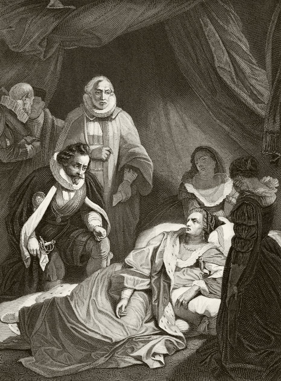 Rainha Elizabeth I em seu leito de morte, de "A História Nacional e Doméstica da Inglaterra" por William Hickman Smith Aubrey (1858-1916) publicou Londres, c.1890 de English School
