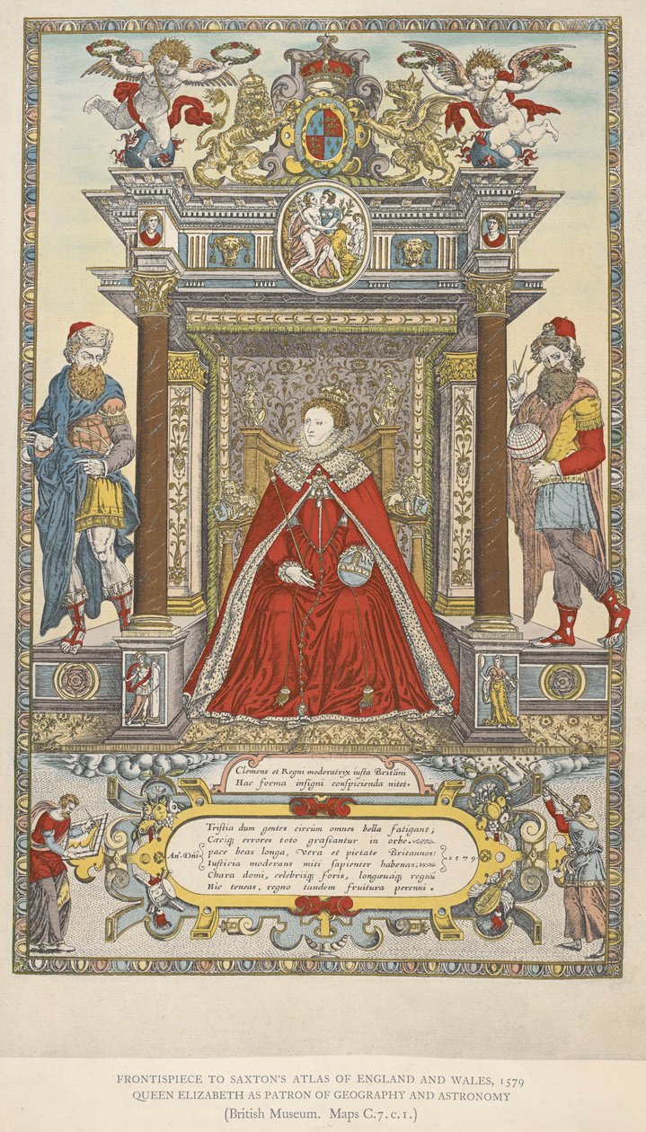 Rainha Isabel como padroeira da geografia e da astronomia. Frontispício ao atlas de Saxton de Inglaterra País de Gales de 1579 (cor litho) de English School