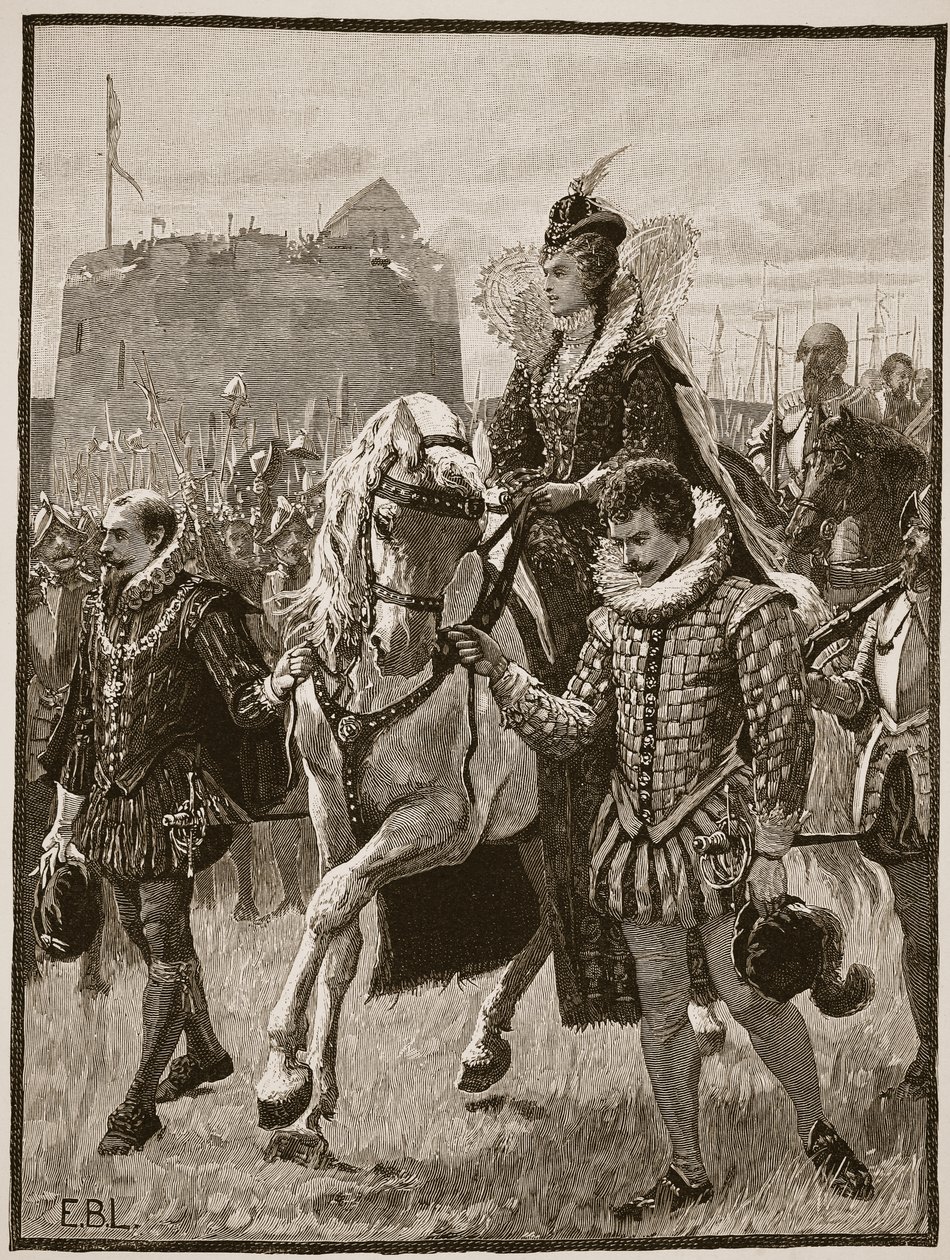 Rainha Elizabeth em Tilbury, ilustração da história ilustrada de Cassells da Inglaterra (foto sépia) de English School