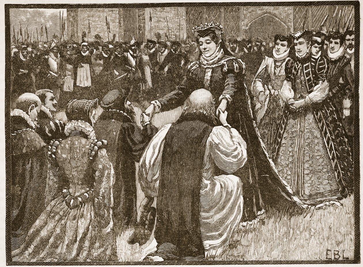 Rainha Maria e os prisioneiros do estado na torre, ilustração da história ilustrada de Cassells da Inglaterra (foto sépia) de English School