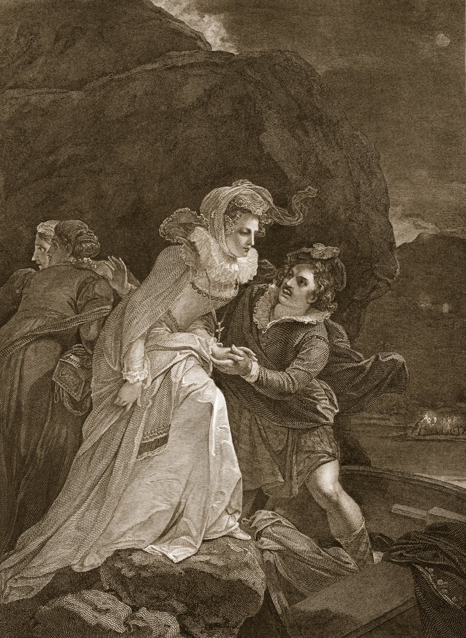Queen Mary que escapa do castelo de Loch Leven, ilustração de David Humes a história de Inglaterra, bar. por R. Bowyer, Londres, 1812 de English School