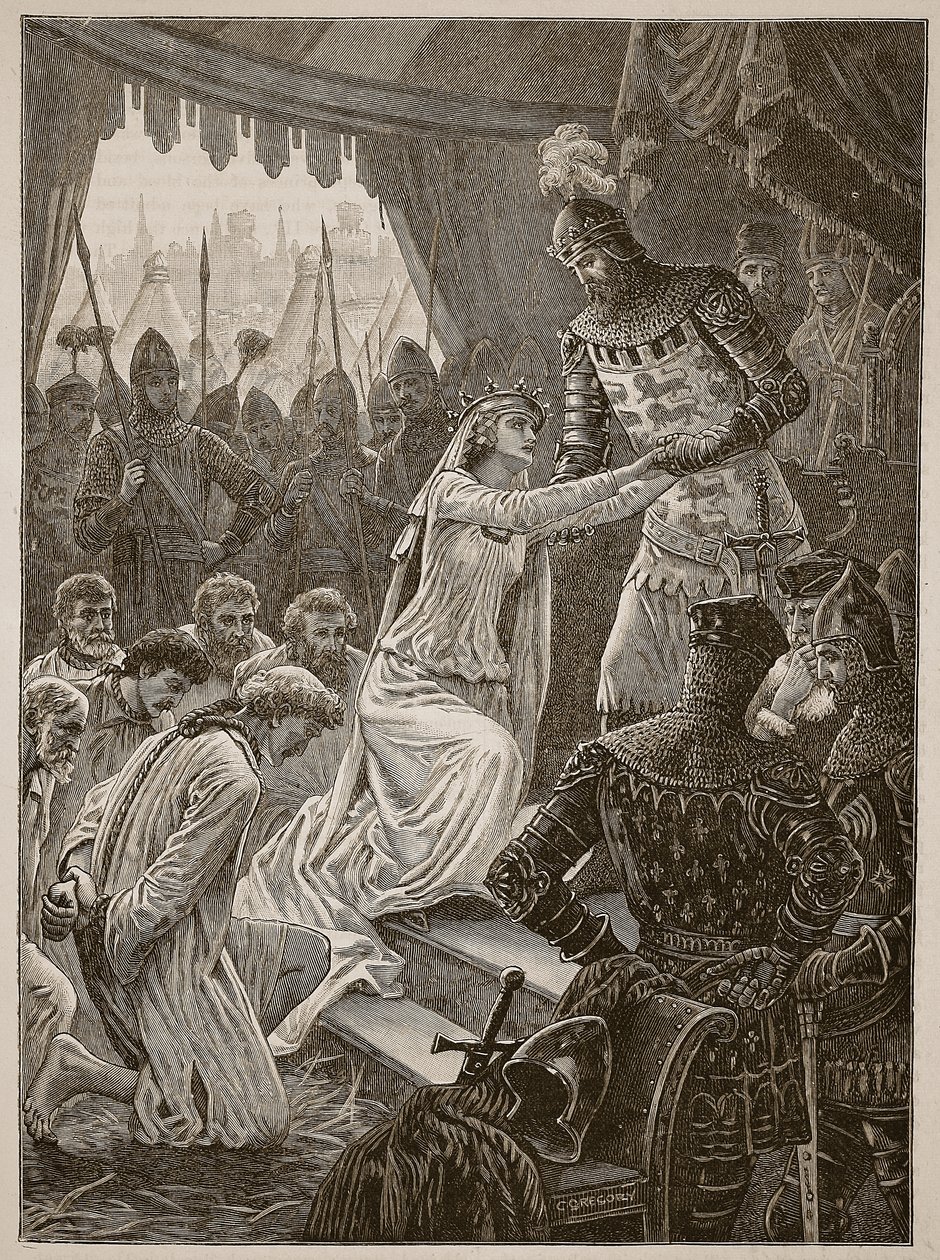 Rainha Philippa intercedendo pelas Burghesses de Calais, ilustração de Cassells Illustrated History of England (foto em sépia) de English School