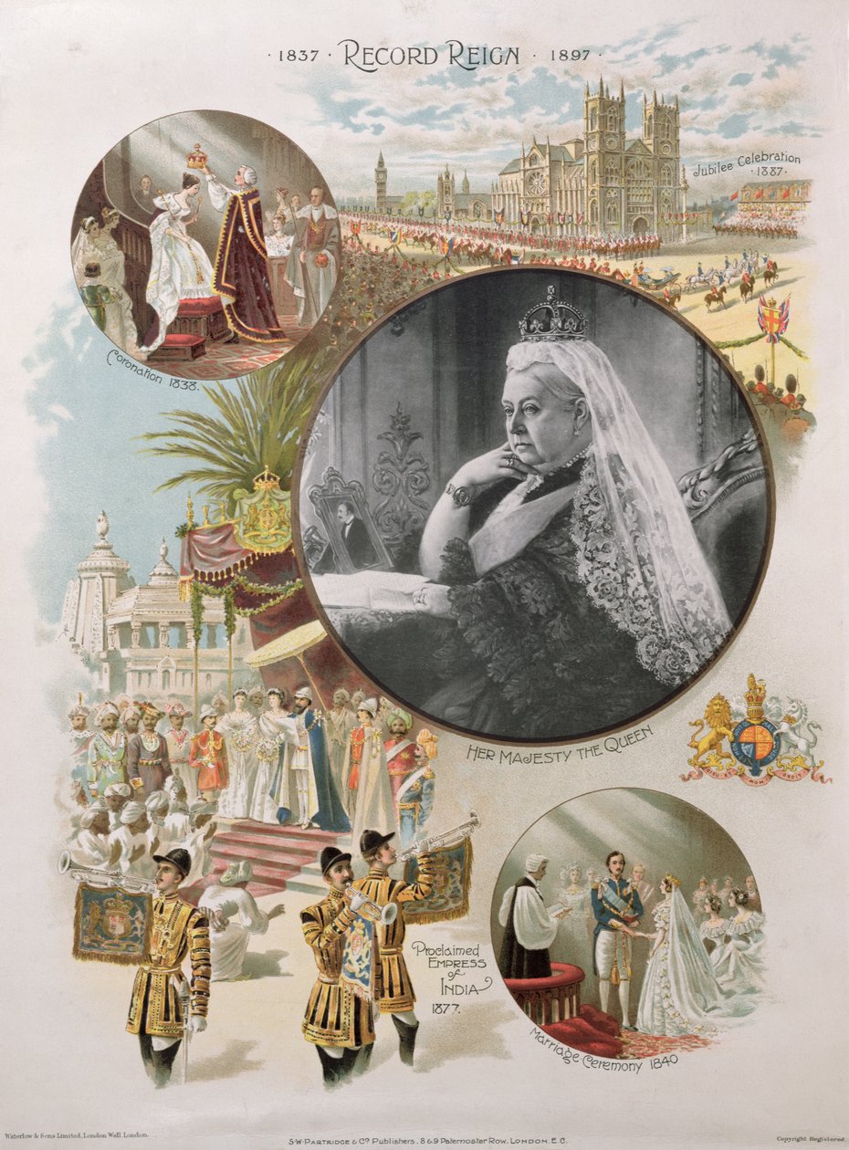 Rainha Vitória (1819-1901), representada na época de seu Jubileu de Diamante, em 1897, juntamente com alguns dos principais acontecimentos de sua vida, em 1897 de English School