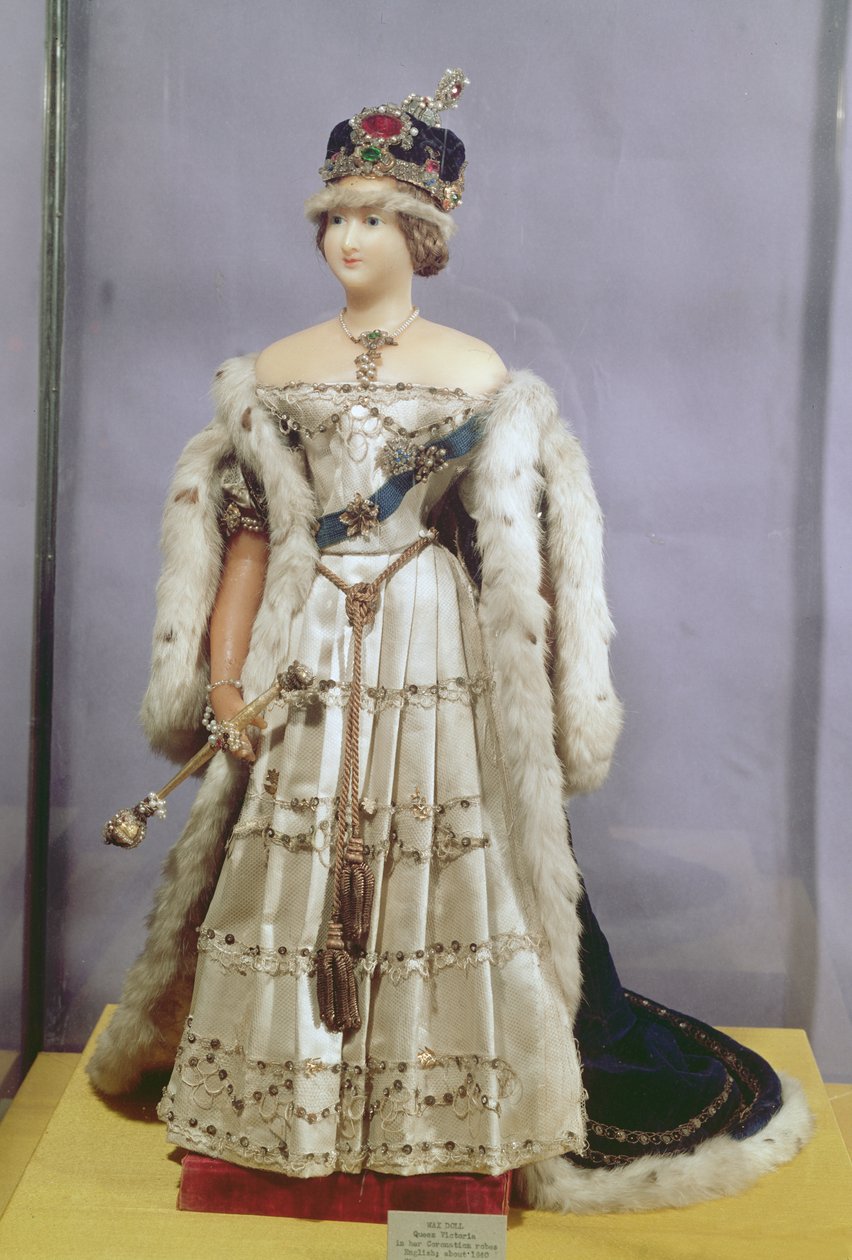 Boneca da Rainha Vitória (1819-1901) vestida com suas vestes de coroação, c.1840 (cera) de English School
