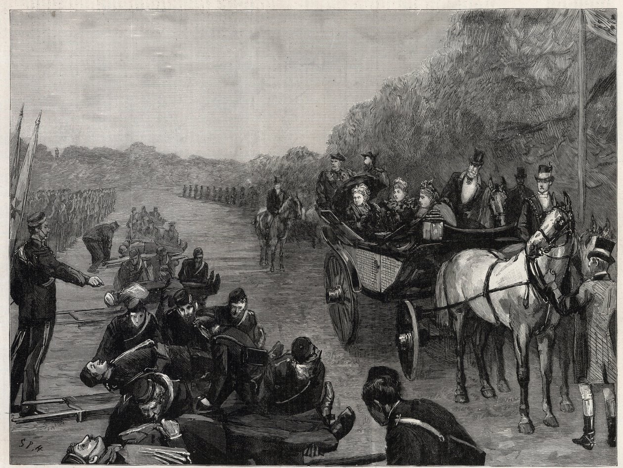 Queen Victoria - A Inspecção por Sua Majestade a Rainha do Corpo de Ambulâncias do Coronel Seey em Windsor Park. Ilustração para O Gráfico de English School