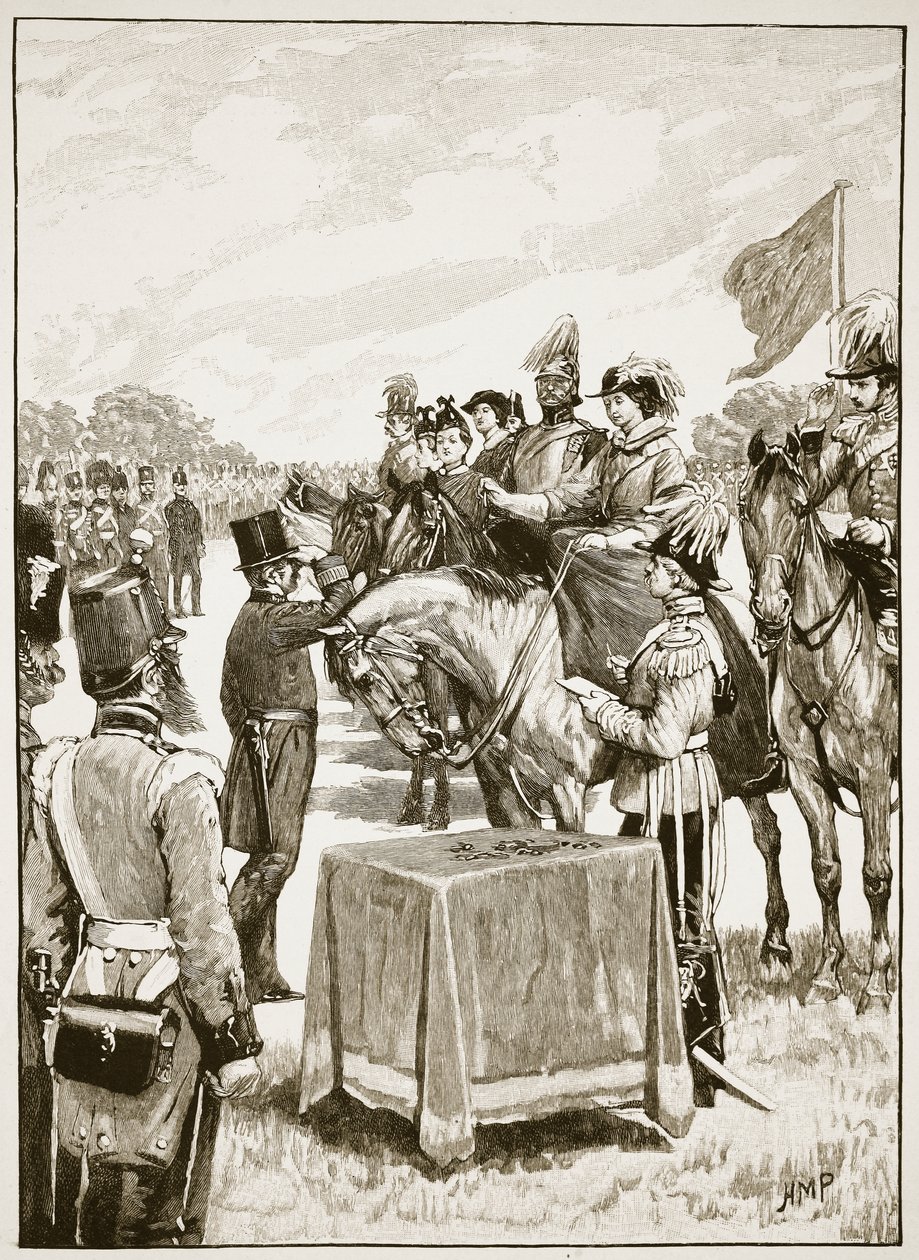 Rainha Vitória na primeira apresentação da Victoria Cross, ilustração de Cassells Illustrated History of England (foto em sépia) de English School