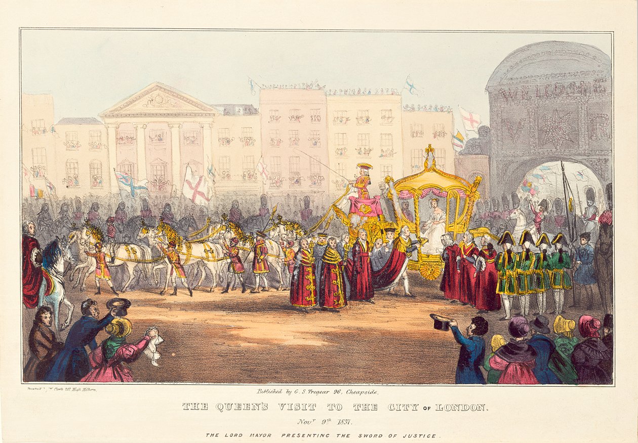 Rainha Vitória entrando na cidade de Londres em Temple Bar, gravada por G. Tregear, 1837 de English School