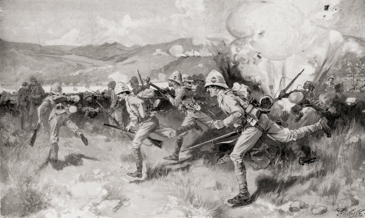 O Regimento Real de West Surrey da Rainha liderando o ataque central durante a Batalha de Colenso, Natal, África do Sul, de "South Africa and the Transvaal War", de Louis Creswicke, publicado em 1900 (litografia) de English School