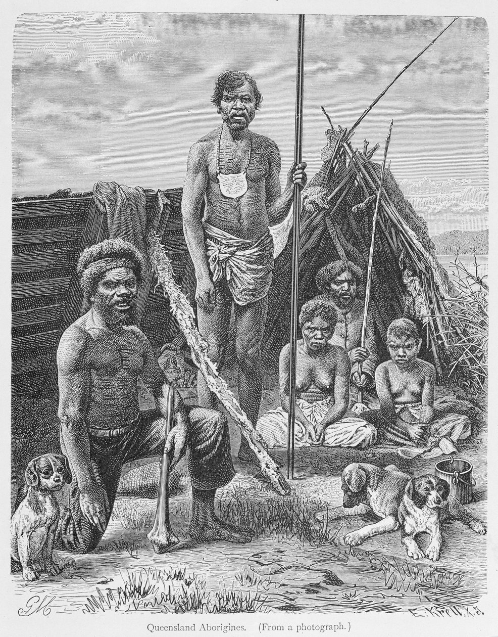 Os aborígenes de Queensland, gravados a partir de uma fotografia de E. Krell, de &39;The History of Mankind&39;, Vol. 1, do Prof. Friedrich Ratzel, 1896 (gravura) de English School