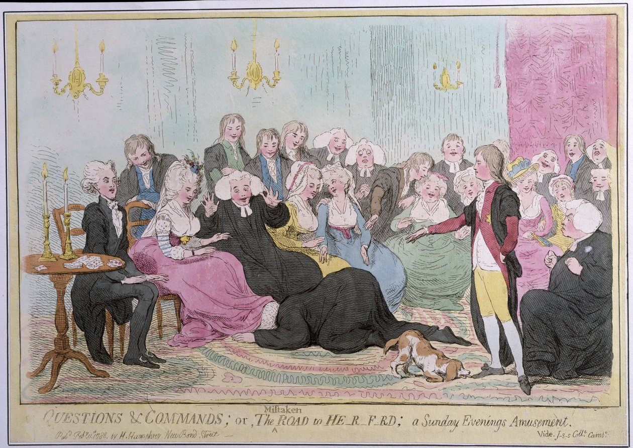 Perguntas e Comandos, ou The Mistaken Road to Hrf-rd: um Sunday Evenings Amusement, publicado por Hannah Humphrey em 1788 (gravura à mão colorida) de English School