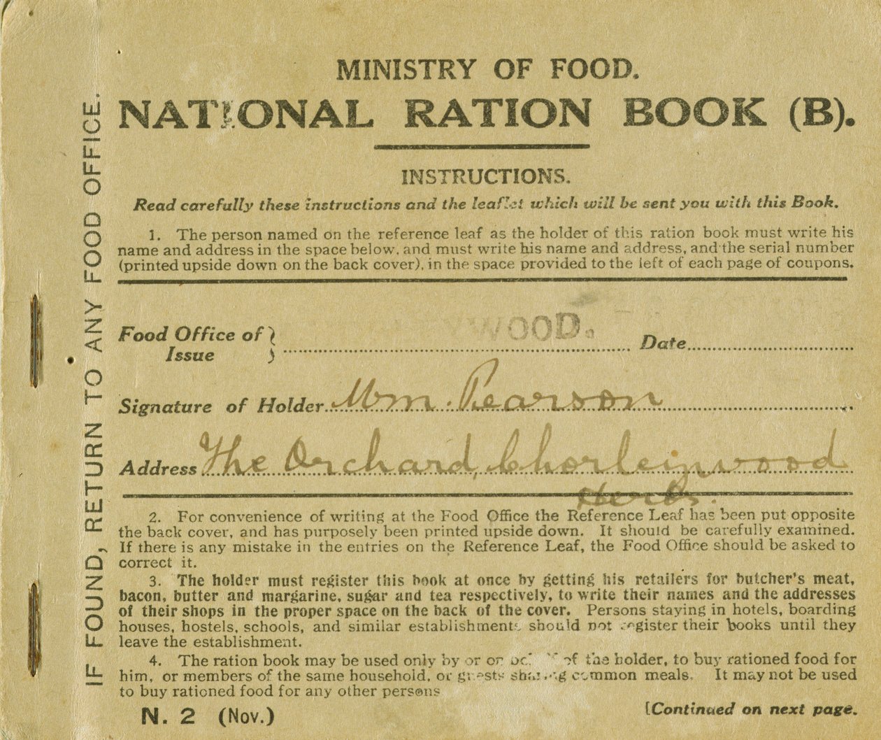 Livro de racionamento para William Pearson, Chorleywood, Hertfordshire, 1919 (impressão) de English School