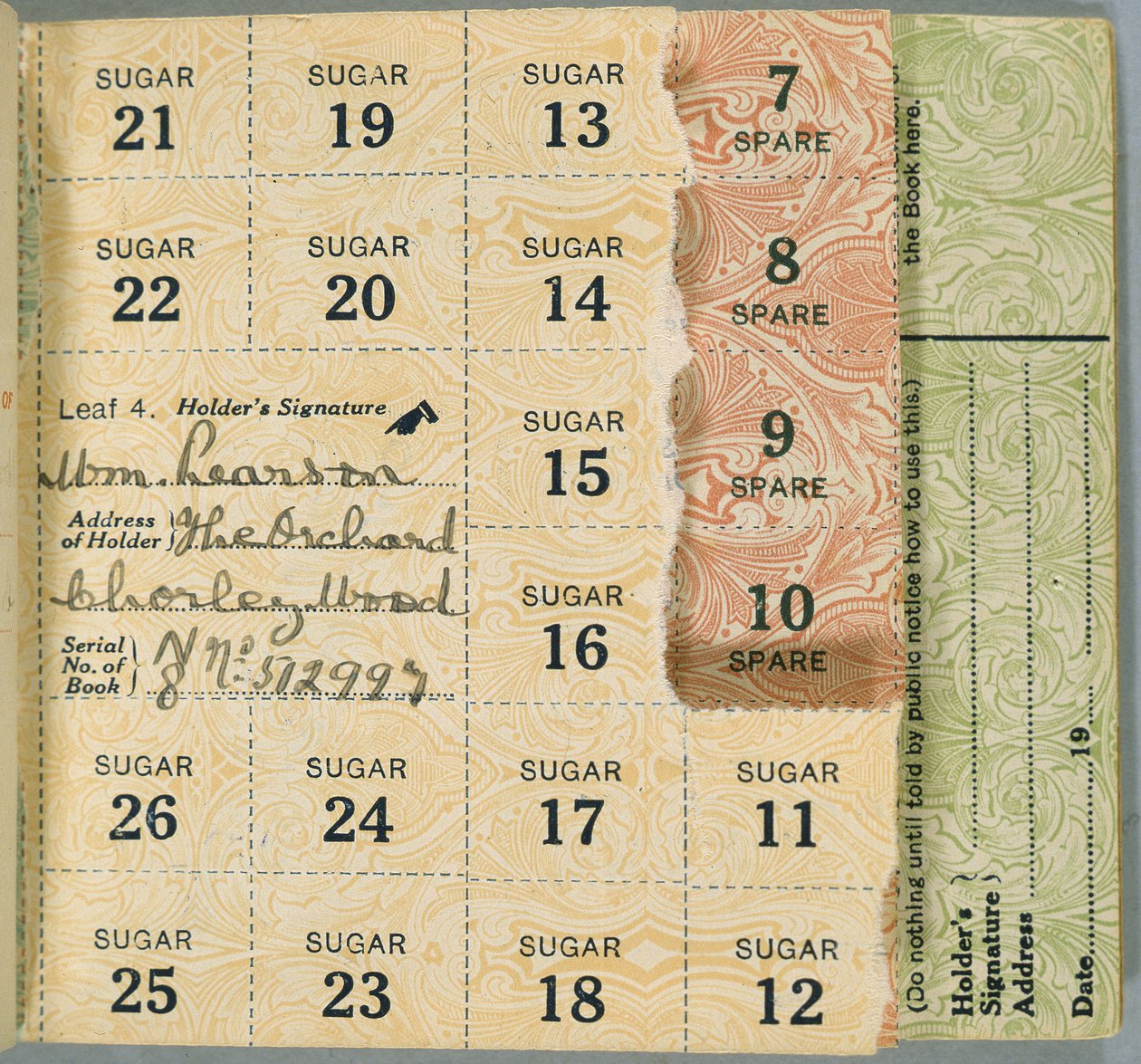Livro de racionamento para William Pearson, Chorleywood, Hertfordshire, 1919 de English School