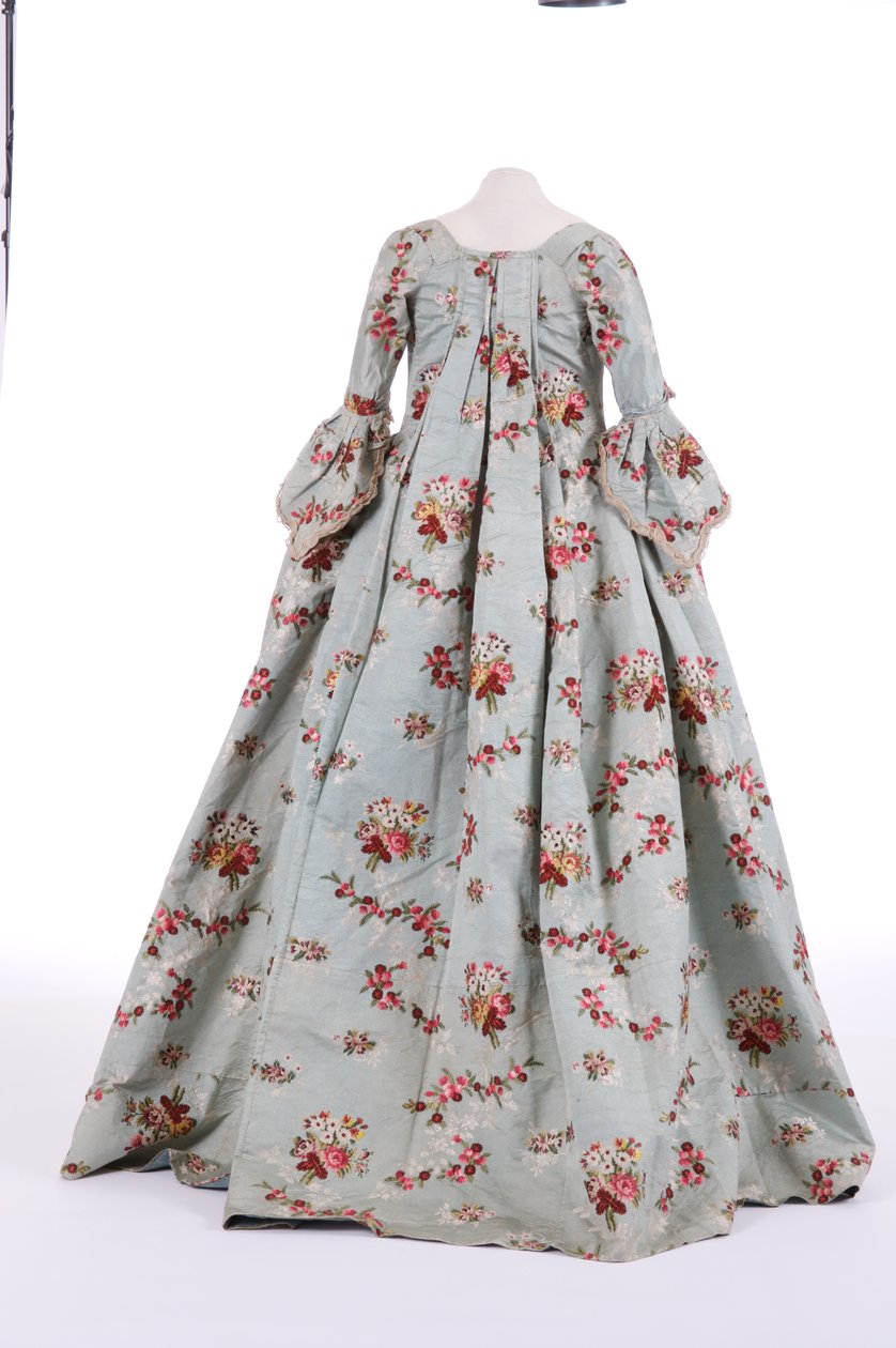 Vista traseira, de, um, sacola, vestido traseiro, 1760s, (brocaded, silk) de English School