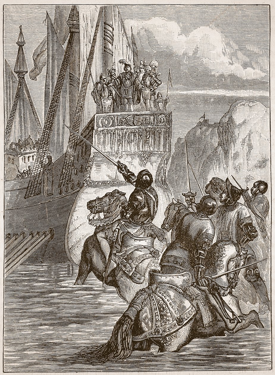 Recepção do Imperador Sigismundo, ilustração da História Ilustrada de Cassells da Inglaterra (foto sépia) de English School