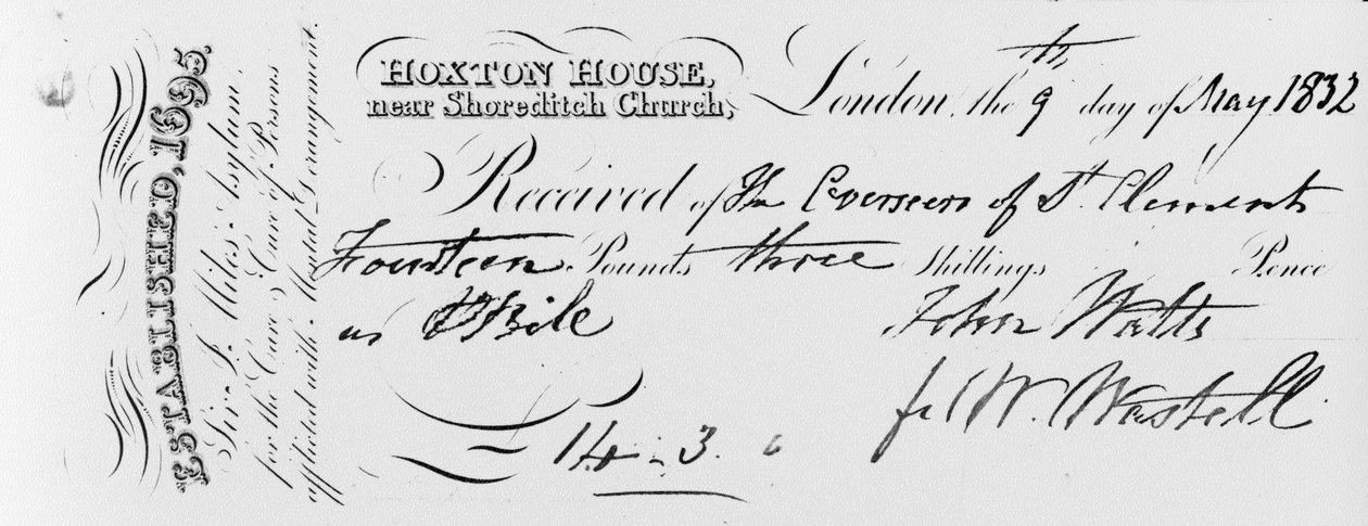 Recibo de pagamento recebido pelo asilo de Sir Jonathan Miles em Hoxton House, 1832 (tinta em papel impresso) de English School