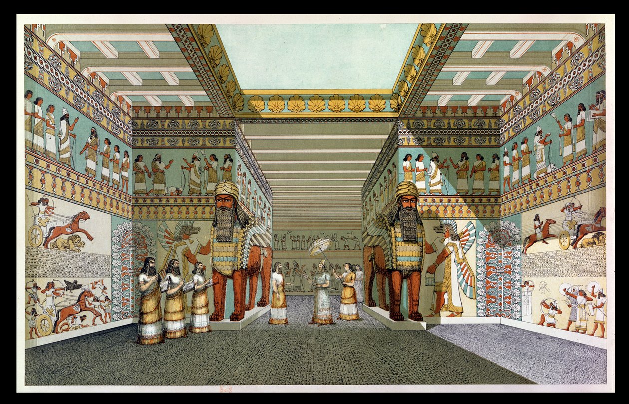 Reconstrução do salão de um palácio assírio, de Descobertas nas Ruínas de Nínive e Babilônia por Austen Henry Layard (1817-94) de English School