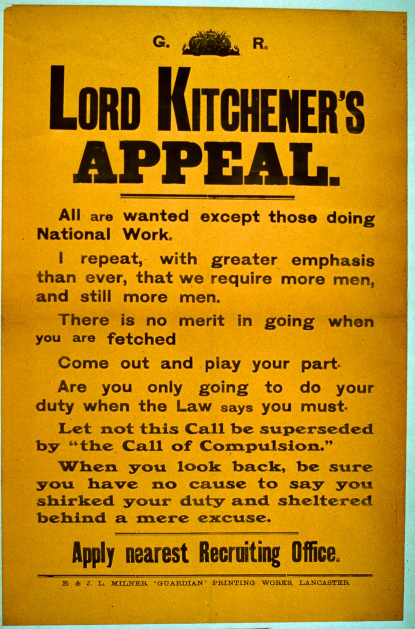 Cartaz de recrutamento - Lord Kitcheners Appeal, 1914-18 de English School