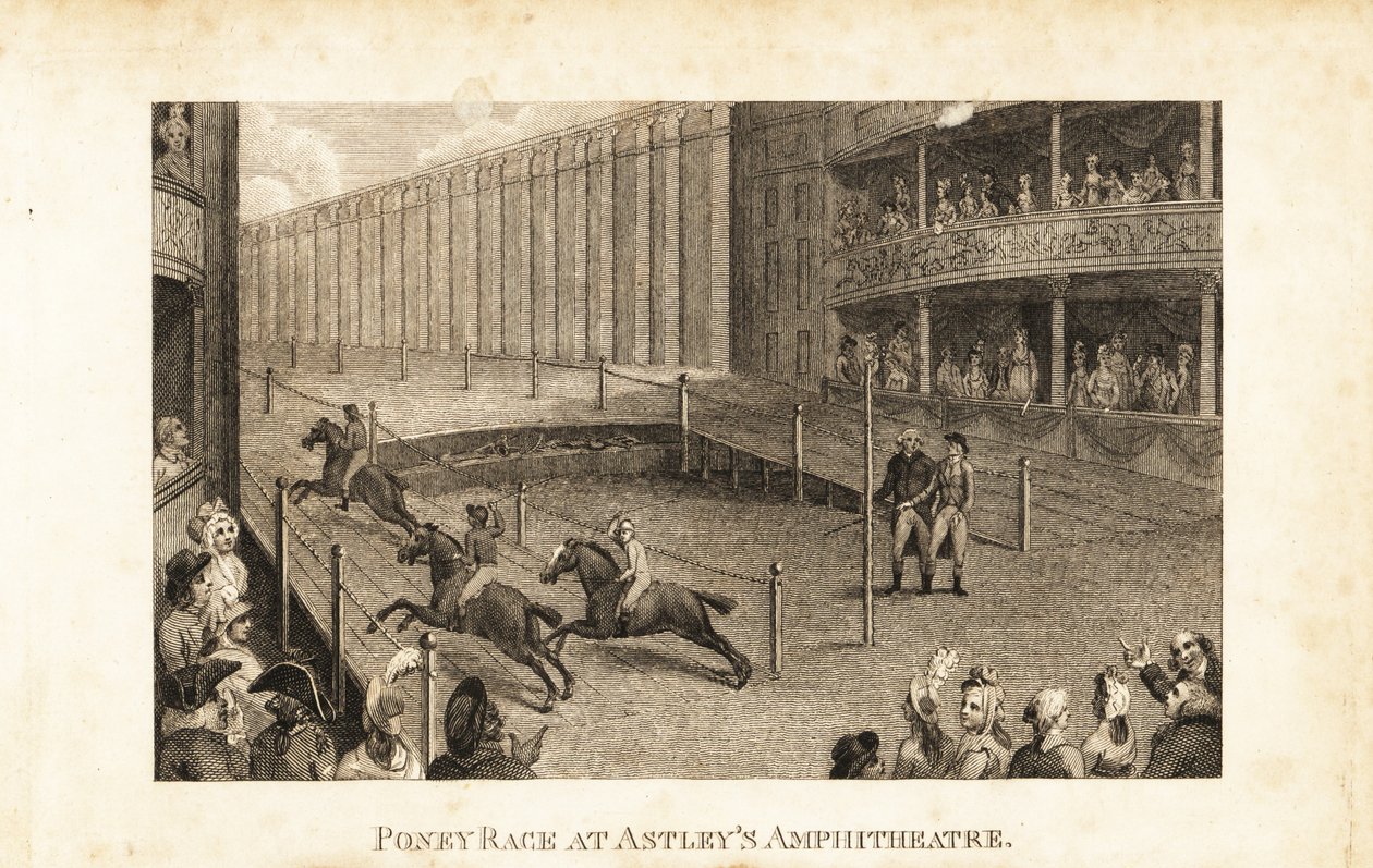 Audiência de regência em caixas de teatro e barracas assistindo a uma corrida de cavalos no anfiteatro de Astley de English School