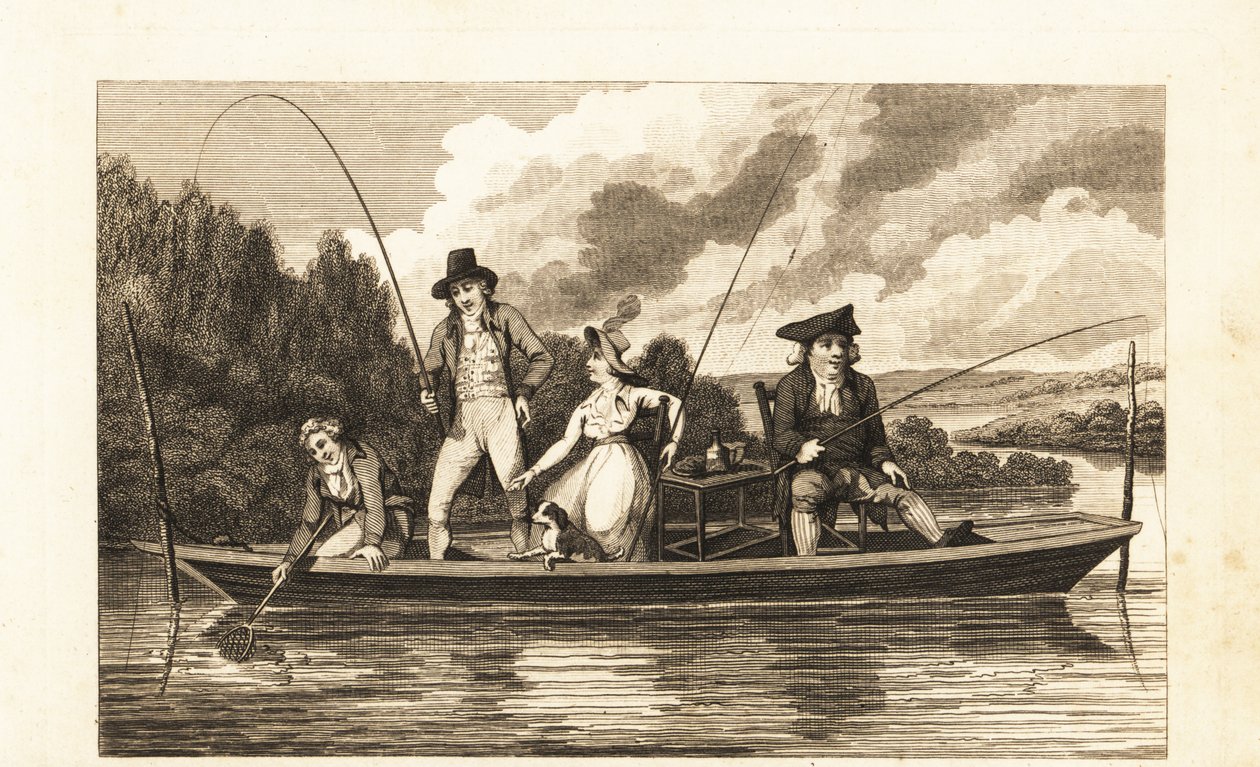 Regency gentlemen and lady fishing on a punt in the River Thames de English School