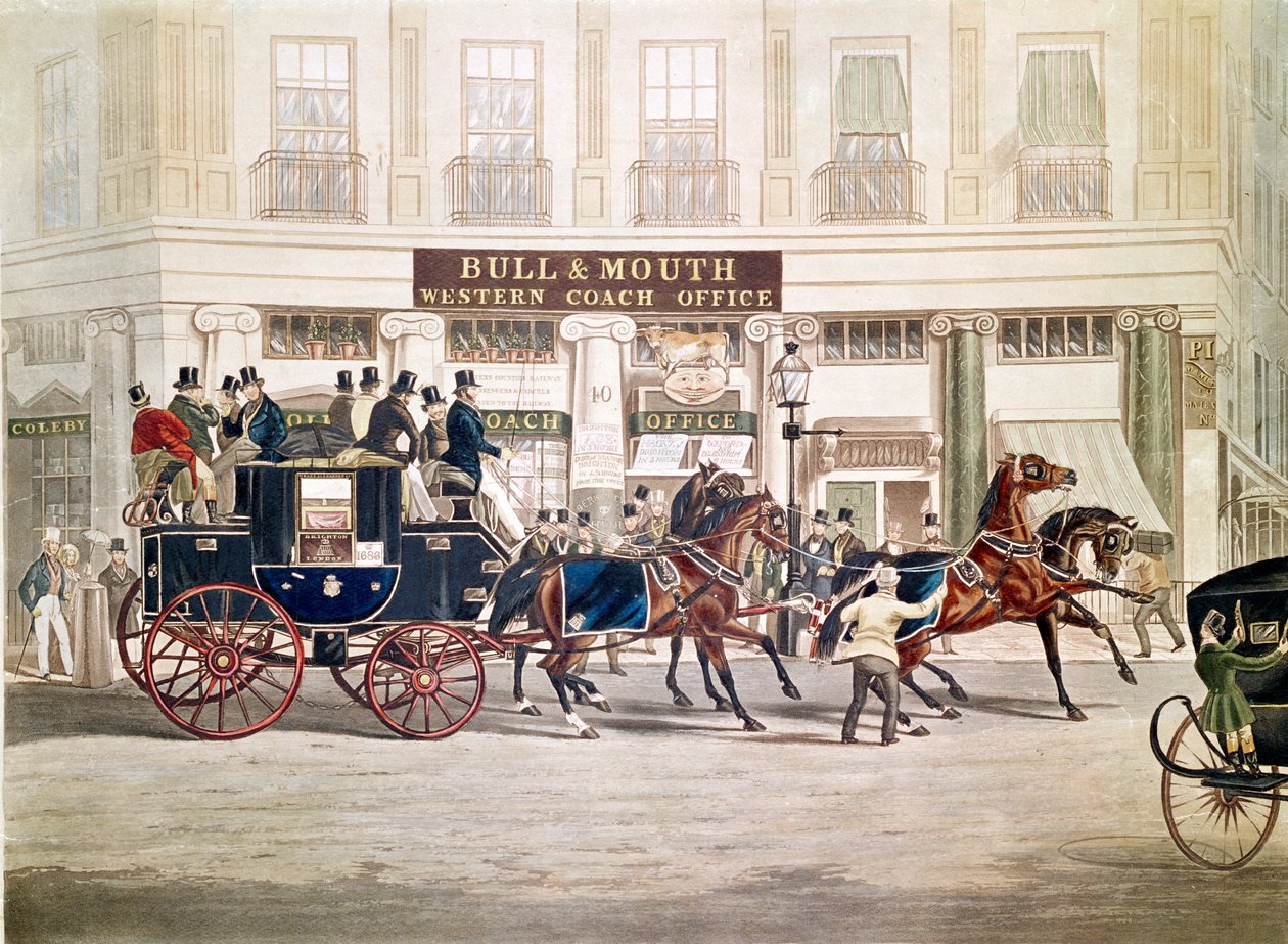 Regent "s Circus, Beaufort Coach Começando pelo Bull and Mouth, por Shayer e Hunt de English School