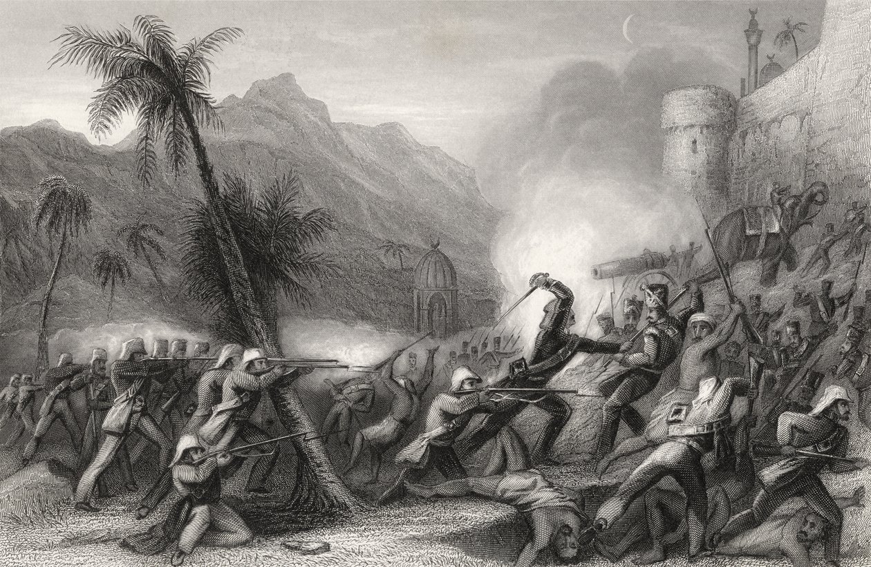 Repelindo uma surtida antes de Delhi, de "A História do Motim Indiano", publicado em 1858 de English School
