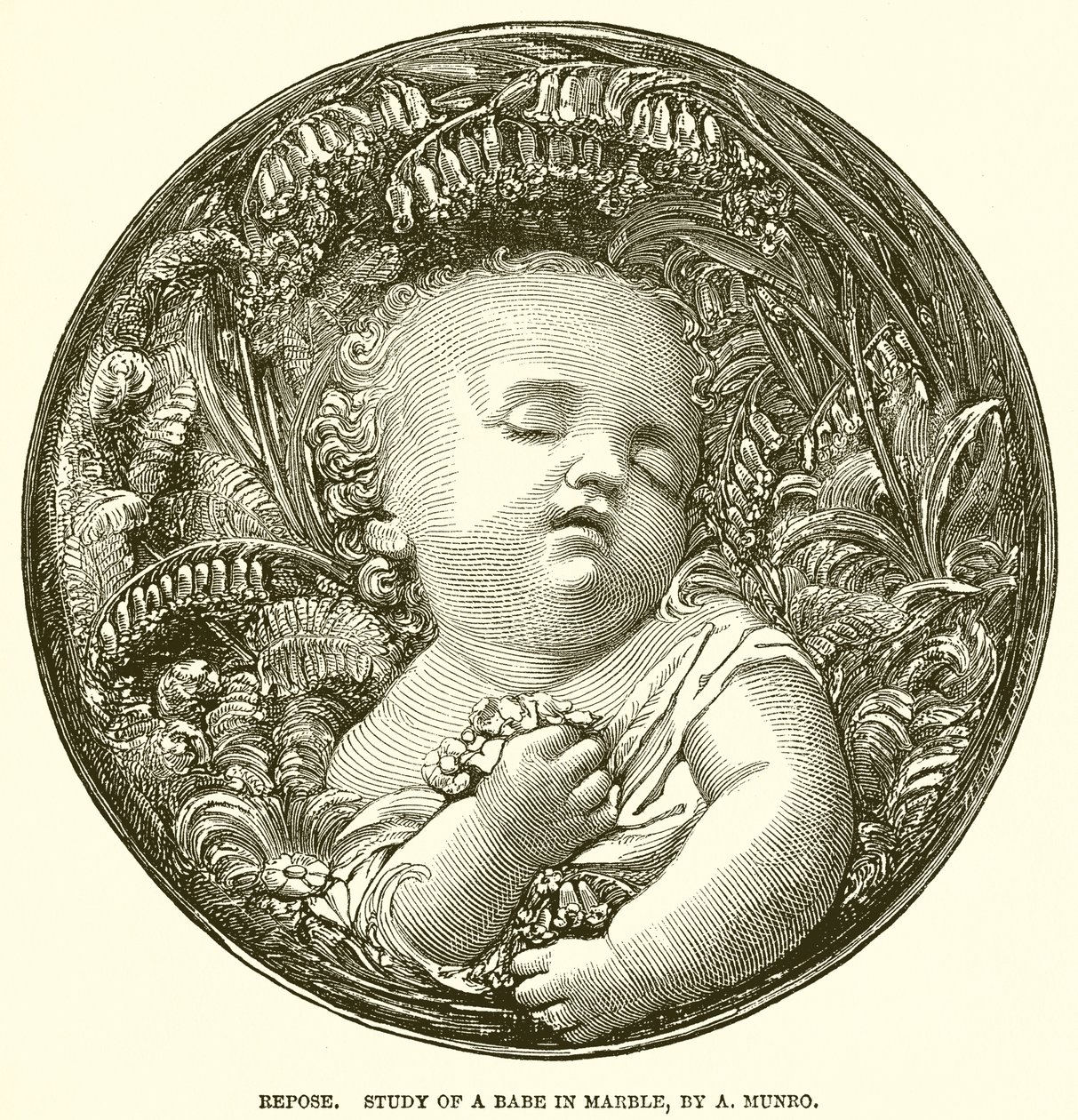 Repouso. Estudo de um bebé em mármore, por A. Munro (gravura) de English School