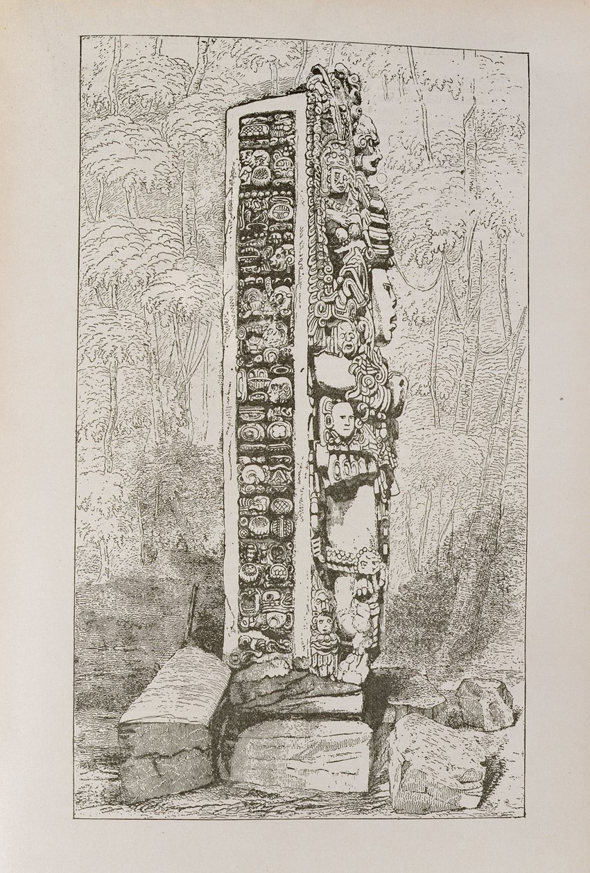 Representação de hieróglifos maias em uma estela, de "Narrativa e crítica da história da América", pub. em 1889 de English School