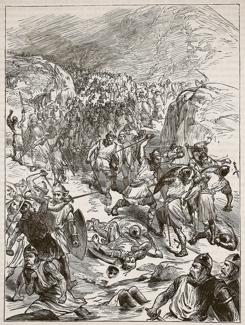 Repulsa dos ingleses em Corwen, ilustração de Cassells Illustrated History of England (foto em sépia) de English School