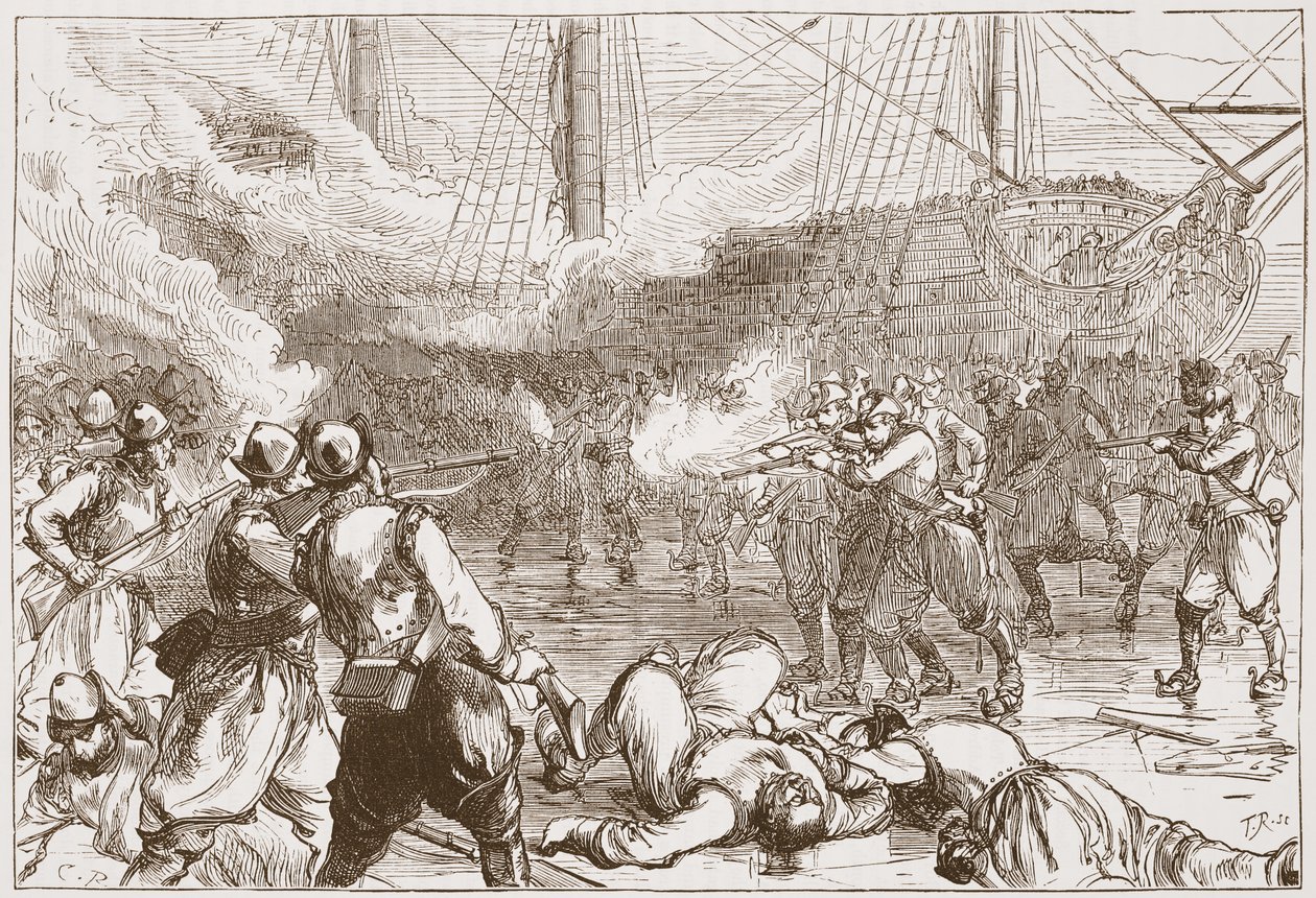 Repulsa dos soldados espanhóis em Amsterdã, ilustração da história do protestantismo por James Aitken Wylie (1808-1890), bar. 1878 de English School