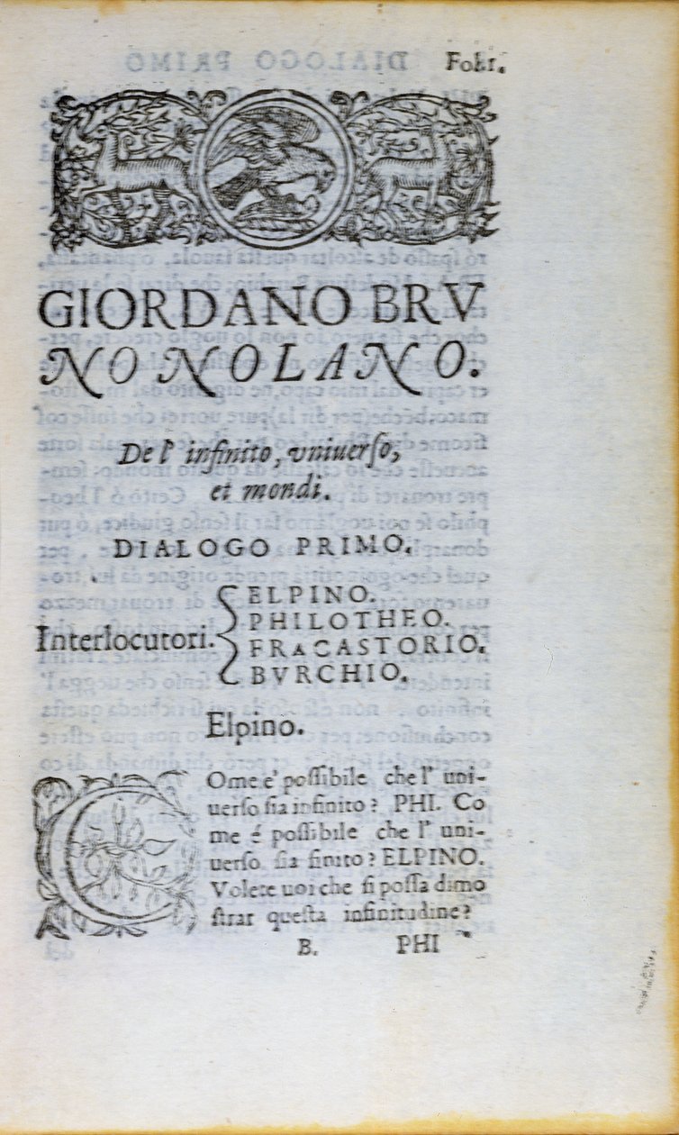 Res 28610 Primeira página do De lInfinito Universo et Mondi de Giordano Bruno, publicada em Londres, 1584 (impresso) de English School