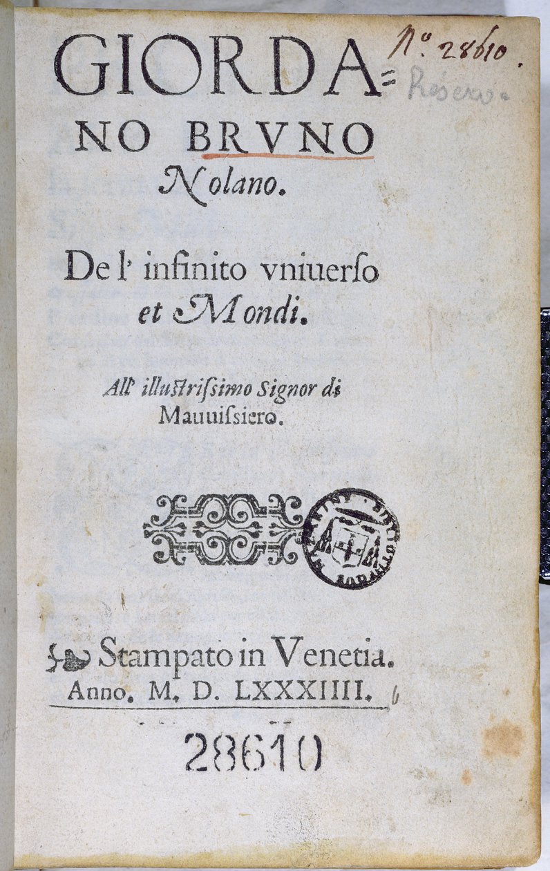 Res 28610 Página de título do De lInfinito Universo et Mondi de Giordano Bruno, publicado em Londres, 1584 (impresso) de English School