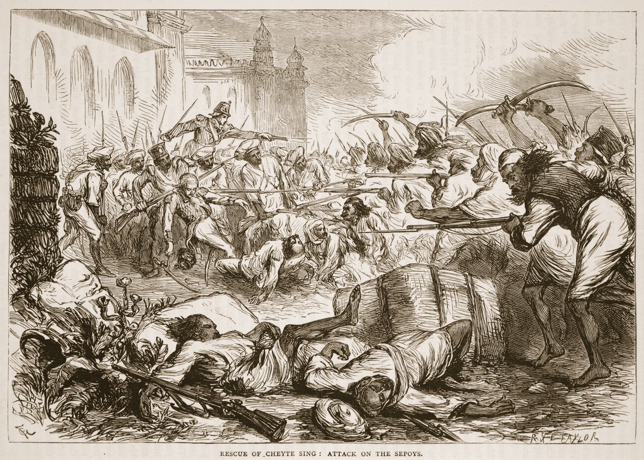 Resgate de Cheyte Sing: ataque aos sipaios, ilustração de Cassells Illustrated History of India por James Grant, pub. 1879 de English School