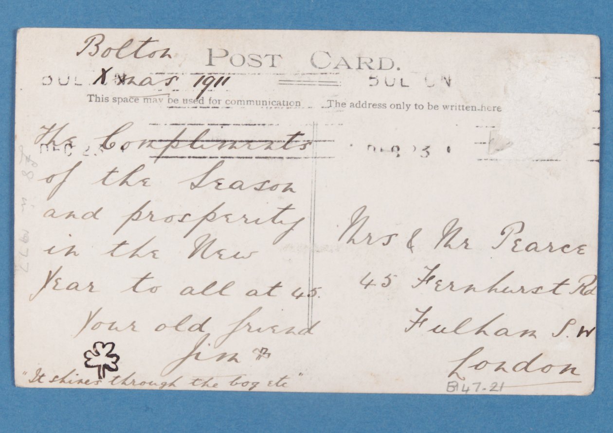 Verso do cartão dos jogadores do Bolton Wanderes FC, 1911-12 de English School