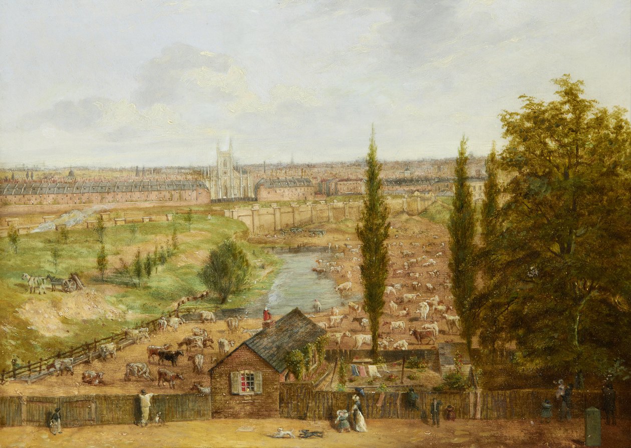 Rhobess Farm em 1844 (agora Ampthill Square em Camden, Londres); traz a inscrição "Tudo o que restou no ano de 1844 da outrora celebrada Rhobess Farm Hampstead Road agora Ampthill Square" (no verso do rótulo); óleo no painel; 33 x 45,5 cm de English School