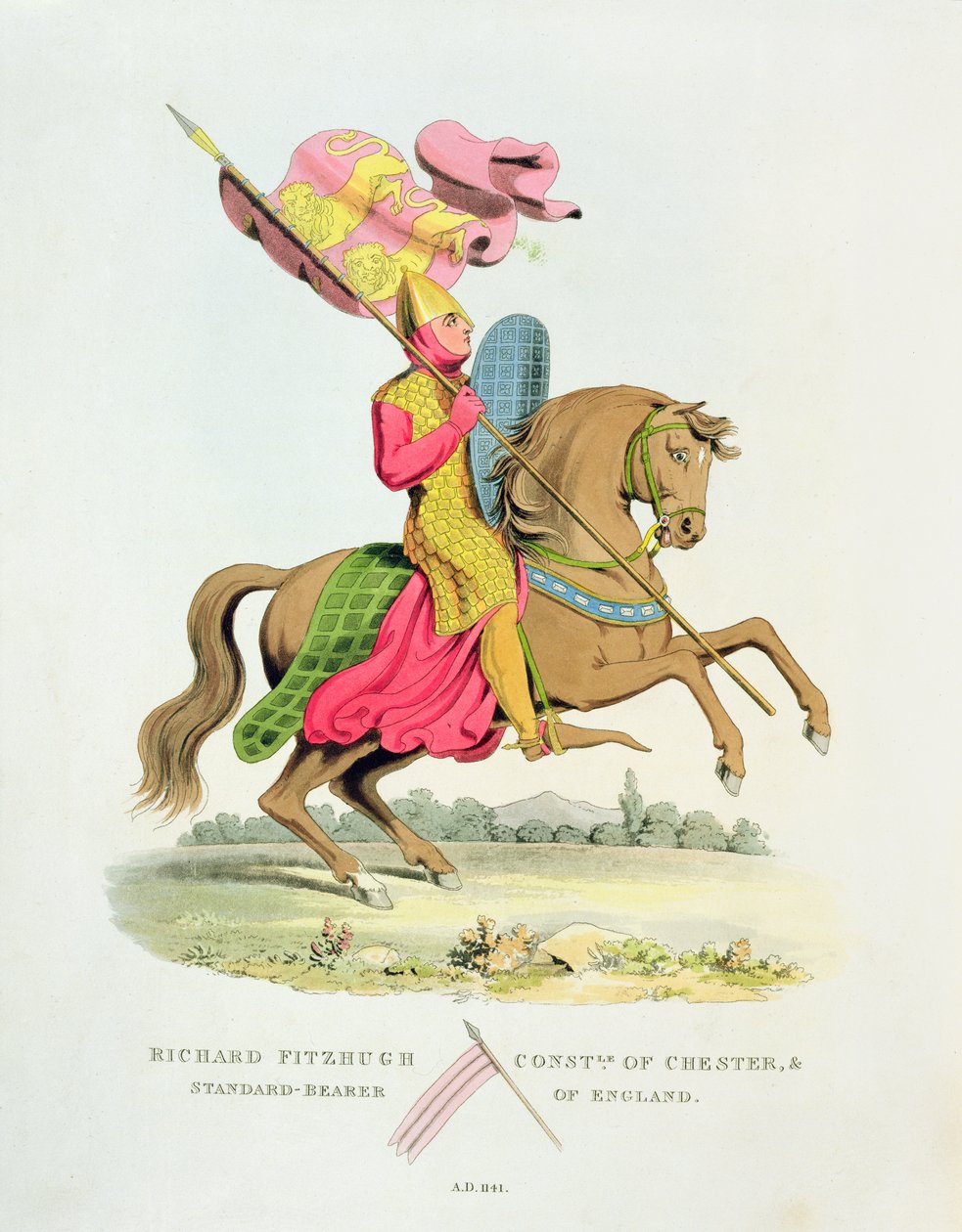 Richard Fitzhugh, condestável de Chester e Standard-Bearer da Inglaterra, 1141, da Ancient Armor por Samuel Rush Meyrick, 1824 de English School