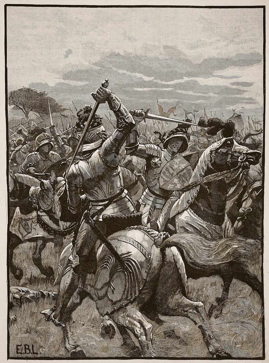 Richard III na Batalha de Bosworth, ilustração da história ilustrada de Cassells da Inglaterra (foto sépia) de English School