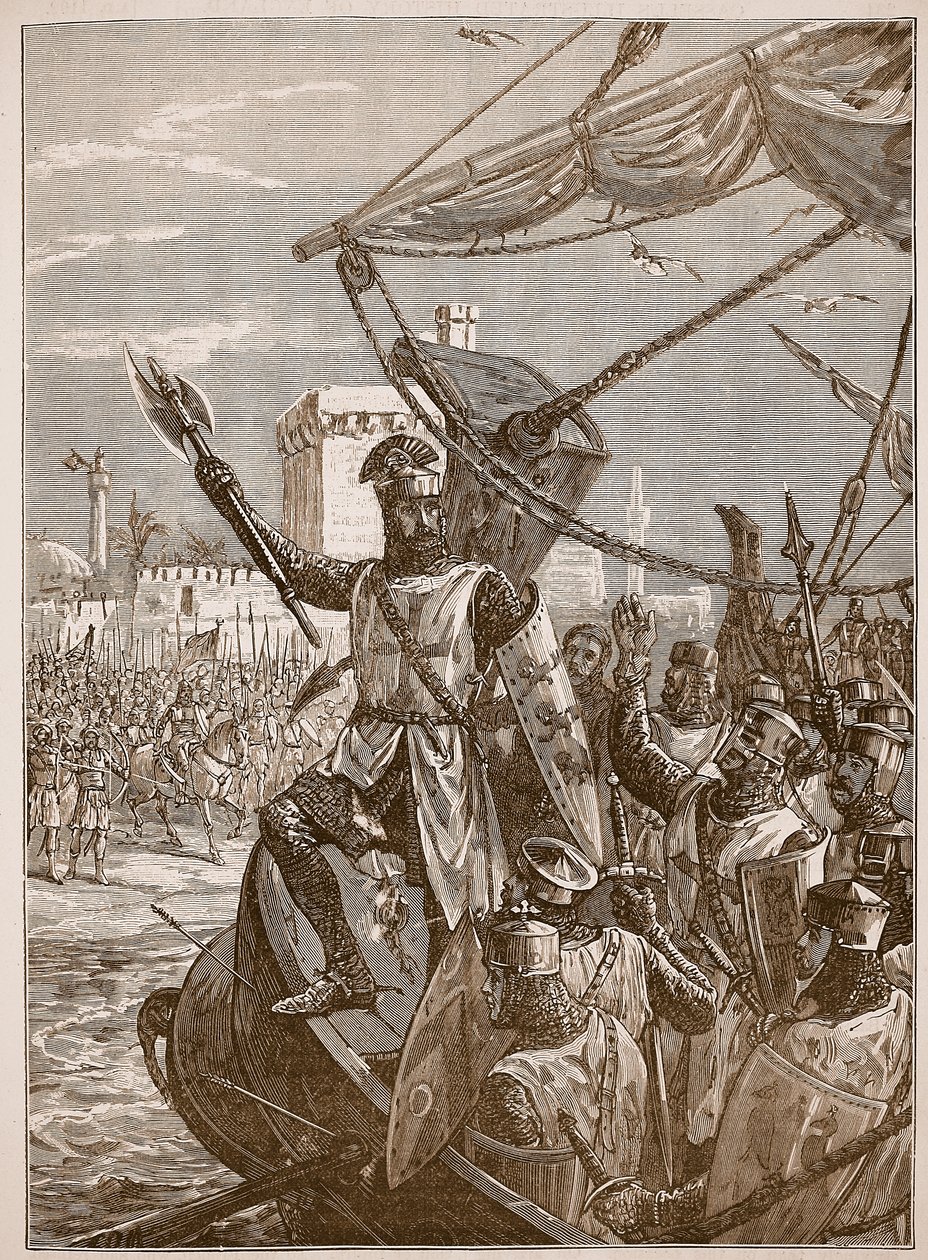Richard desembarque em Jaffa, ilustração da história ilustrada de Cassells da Inglaterra (foto sépia) de English School