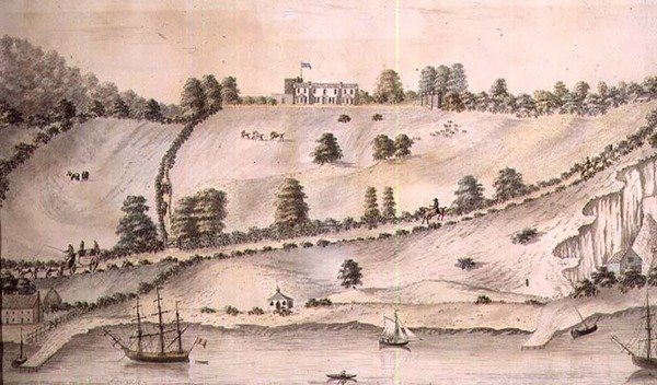 Paisagem fluvial com navegação e o Dover Coach, c.1800 (caneta e lavagem) (par de 72976) de English School