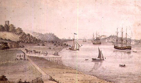 Paisagem fluvial com navegação e o Dover Coach, c.1800 (caneta e lavagem) (par de 72977) de English School